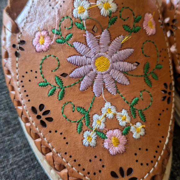 Brown Leather Embroidered Women's Shoes - Picture 2 of 5